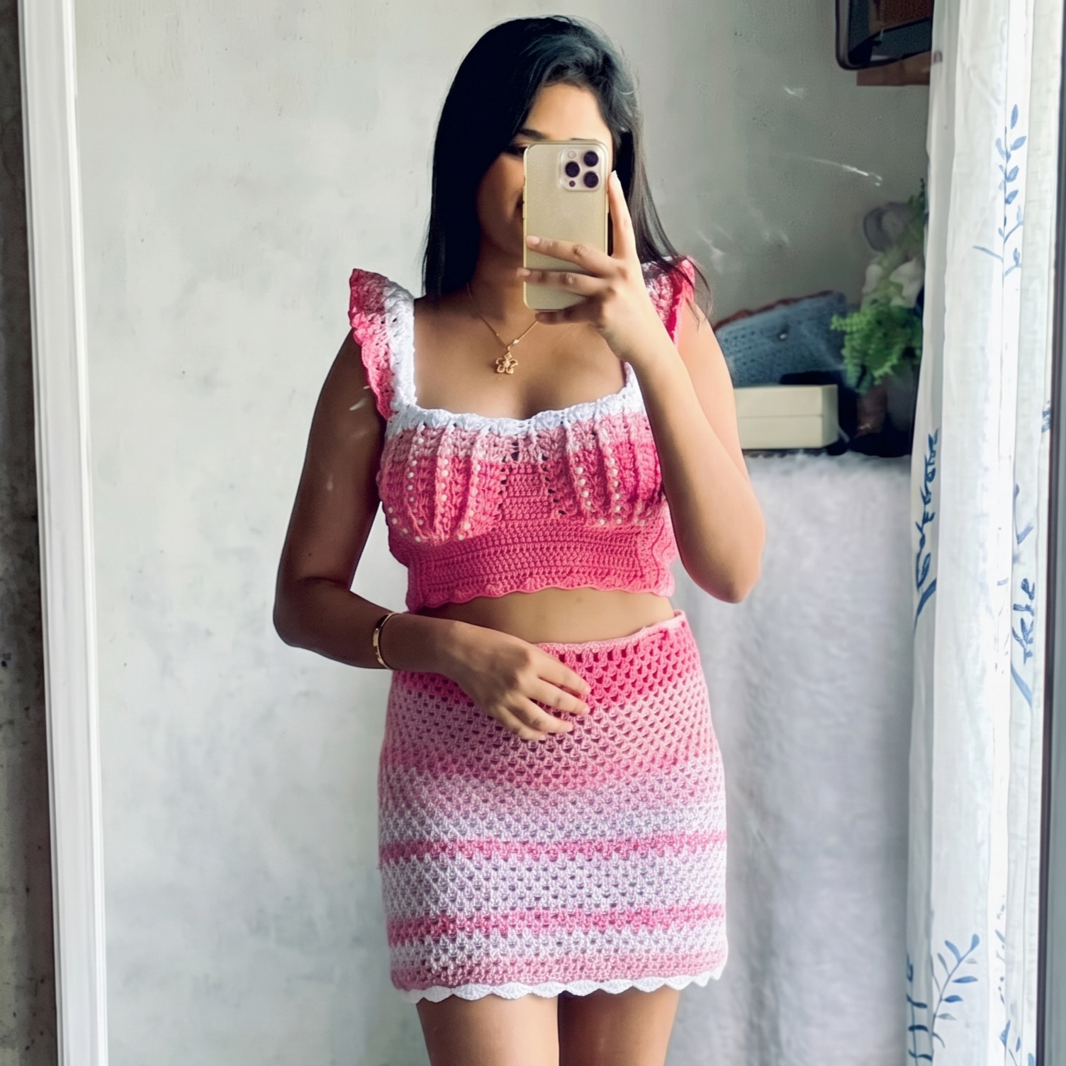 Pink gradient crochet crop top and skirt set