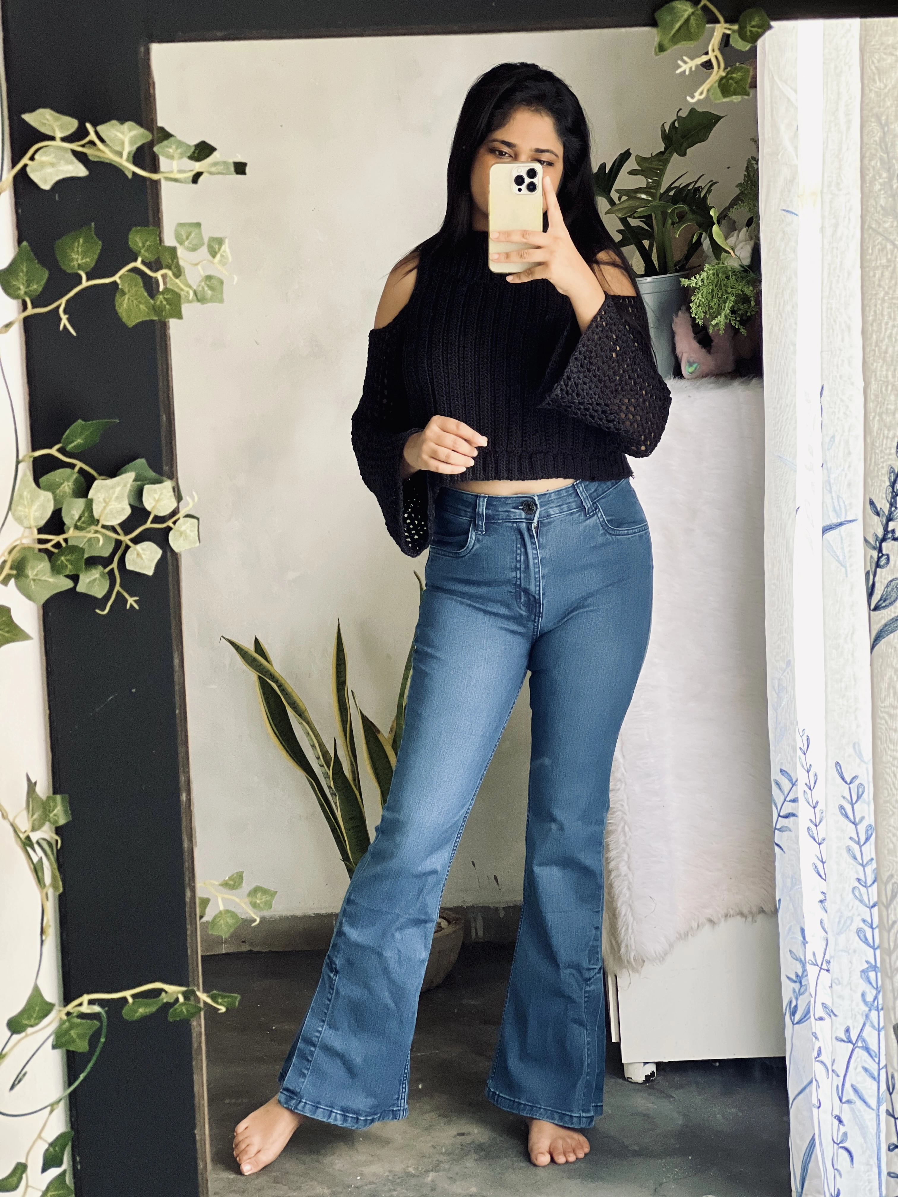 Black crochet cold-shoulder top