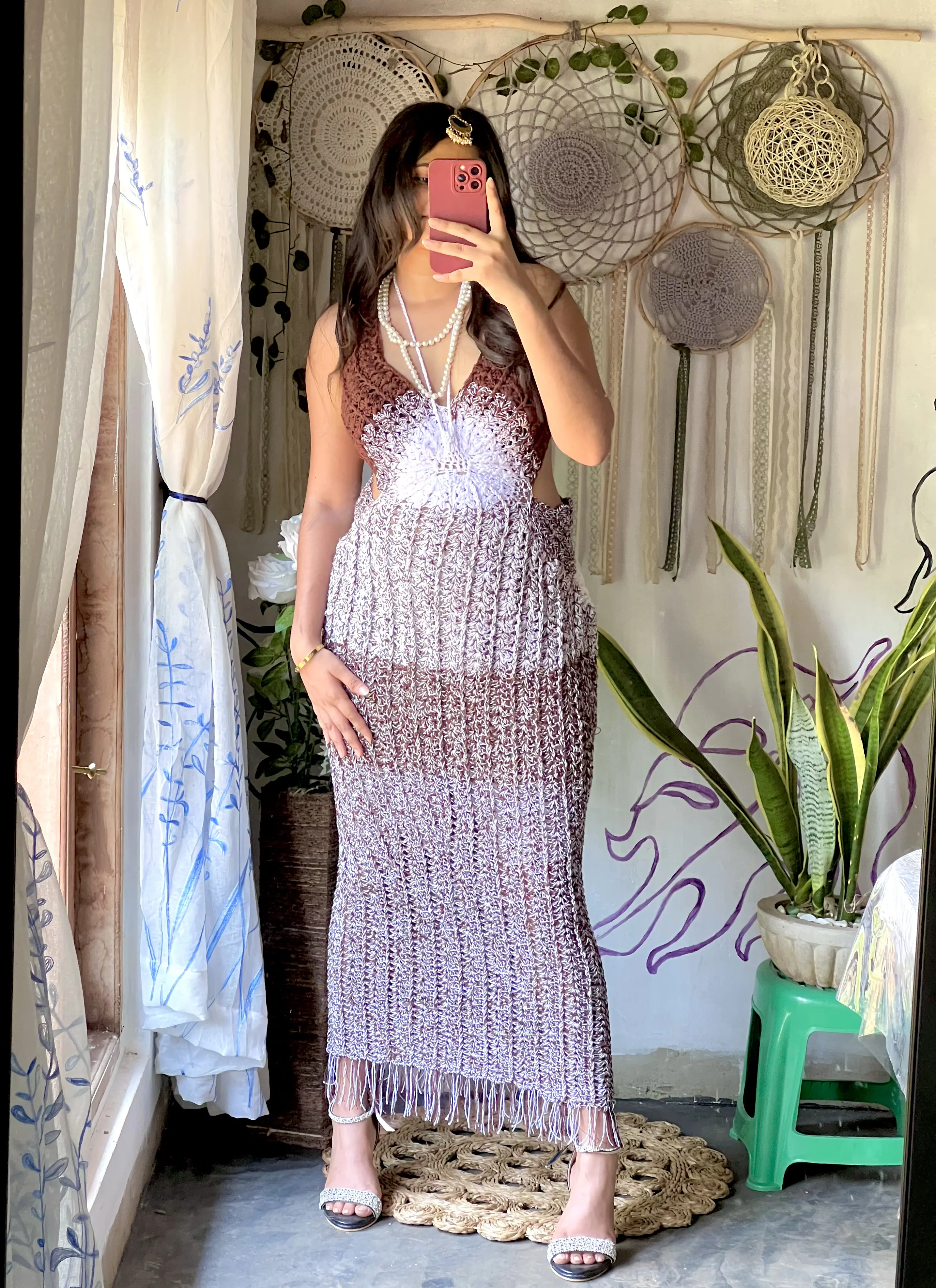 Lavender crochet maxi dress with fringe